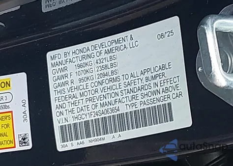 2025 Honda Accord Lx из США, поврежденный, VIN 1HGCY1F24SA063654